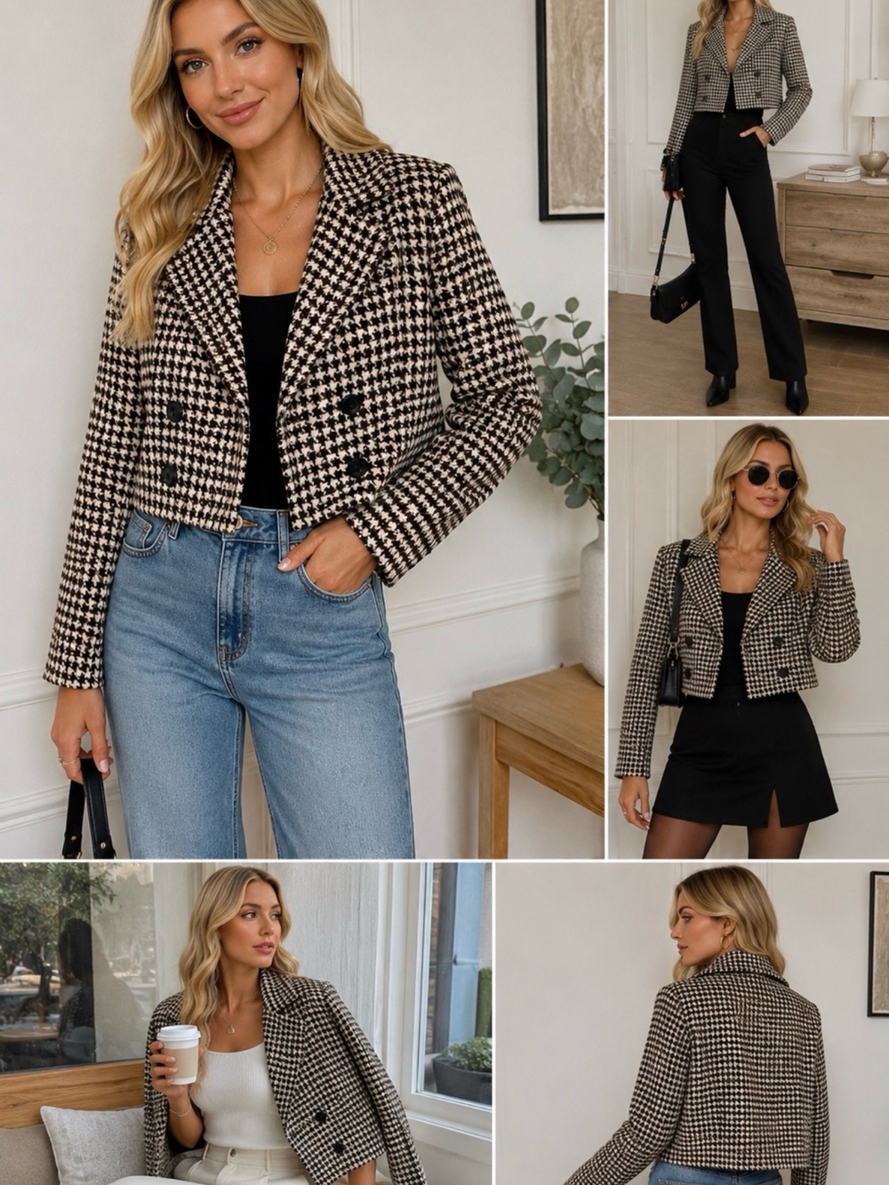 CIDER preppy Fall Old Money cropped Houndstooth Double Breasted Blazer Jacket